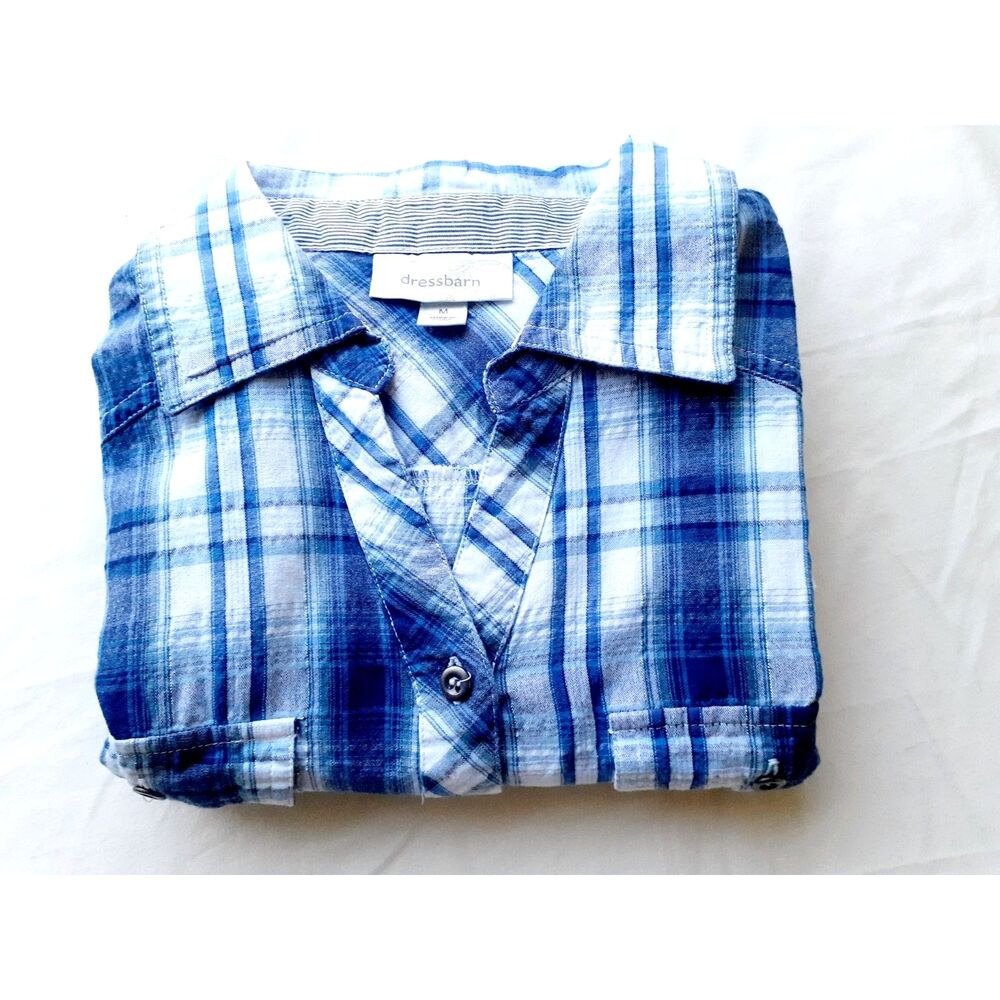 Dressbarn Navy Grey Metallic Plaid Button Rolltab 3/4 Sleeves  Button Shirt M